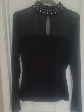 INC International Concepts Black Studded Mock Neck Mesh Long Sleeve Top